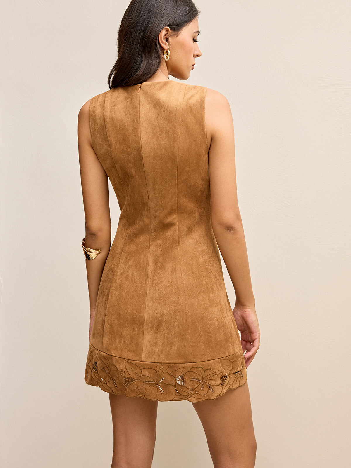 Suede Floral Embroidered Sleeveless Mini Dress-Massicos