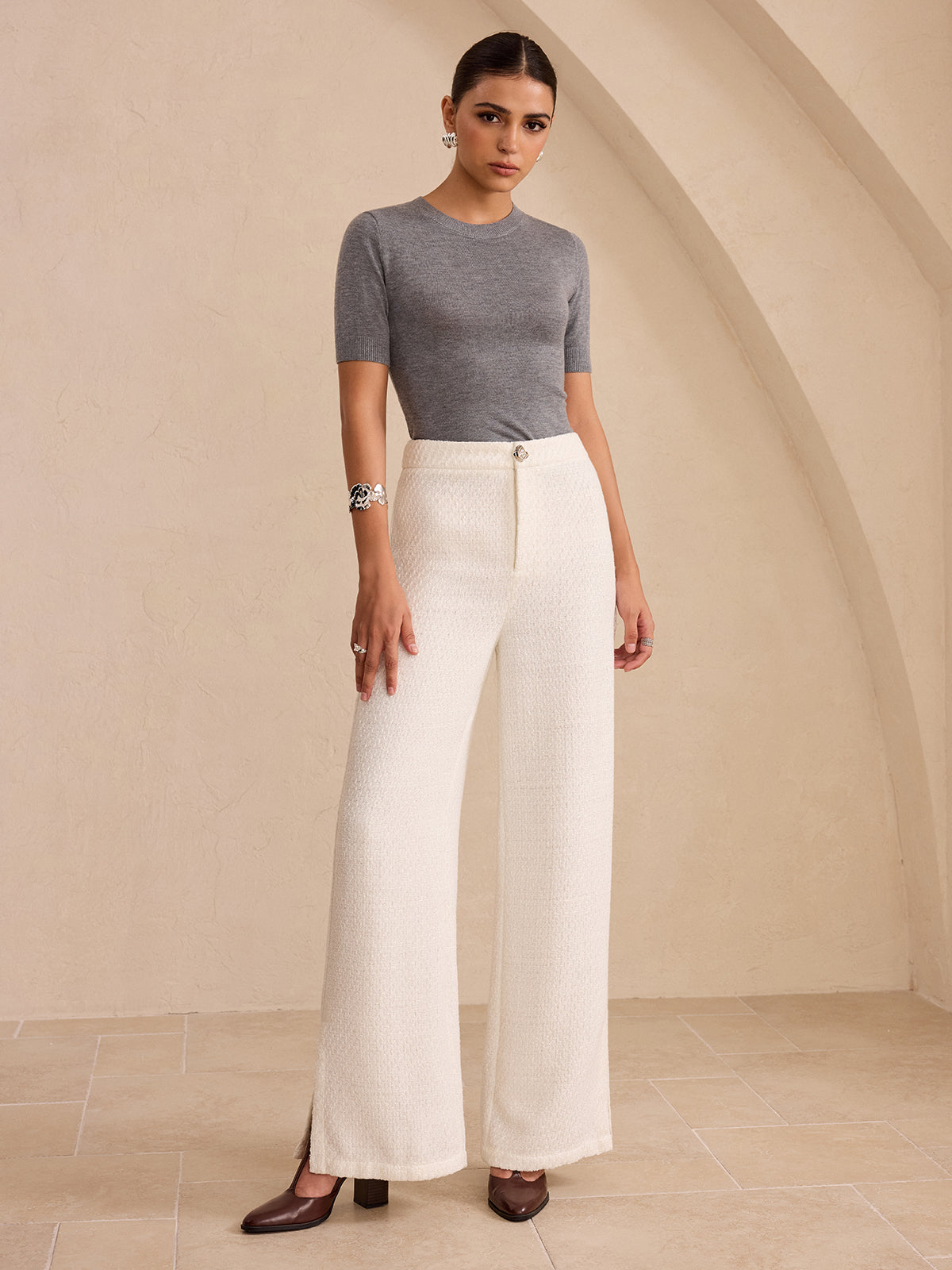 Tweed Side Slit Wide-Leg Pants-Massicos