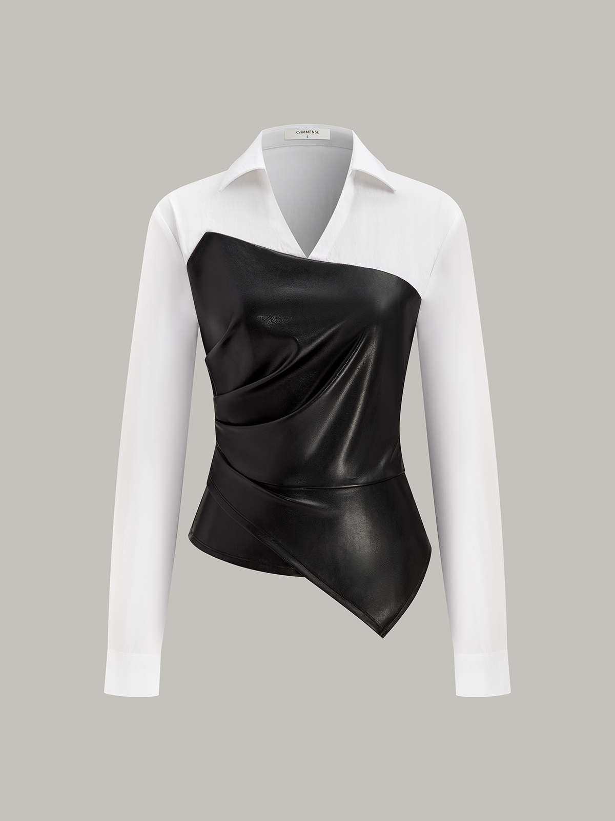 Asymmetric PU Leather Panel Blouse-Massicos