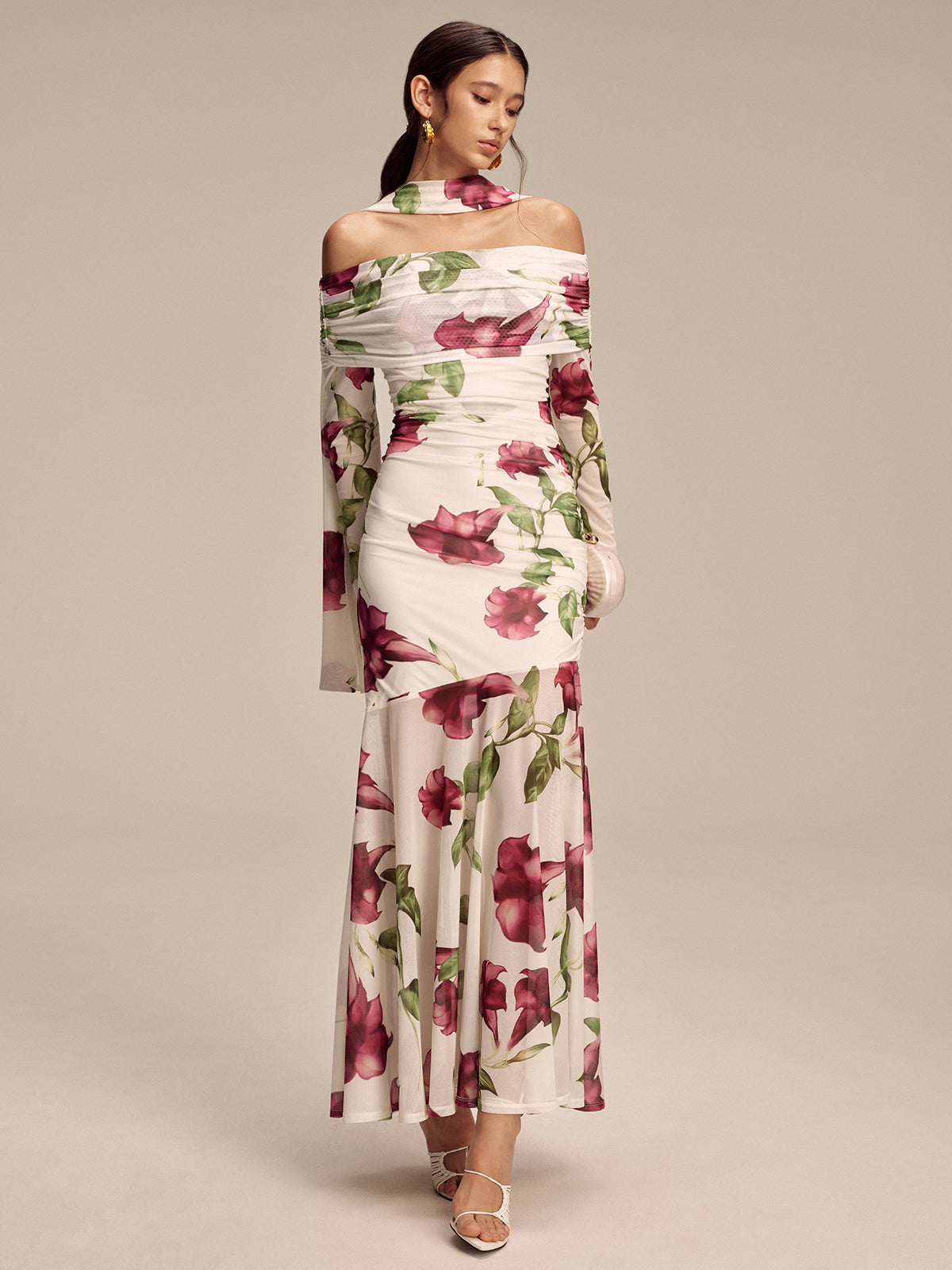 Floral Print Off-Shoulder Mesh Maxi Dress with Scarf Detail-Massicos