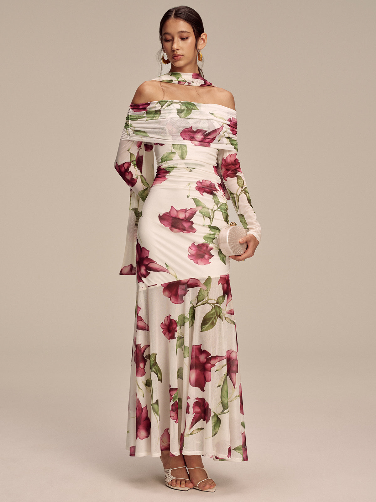 Floral Print Off-Shoulder Mesh Maxi Dress with Scarf Detail-Massicos