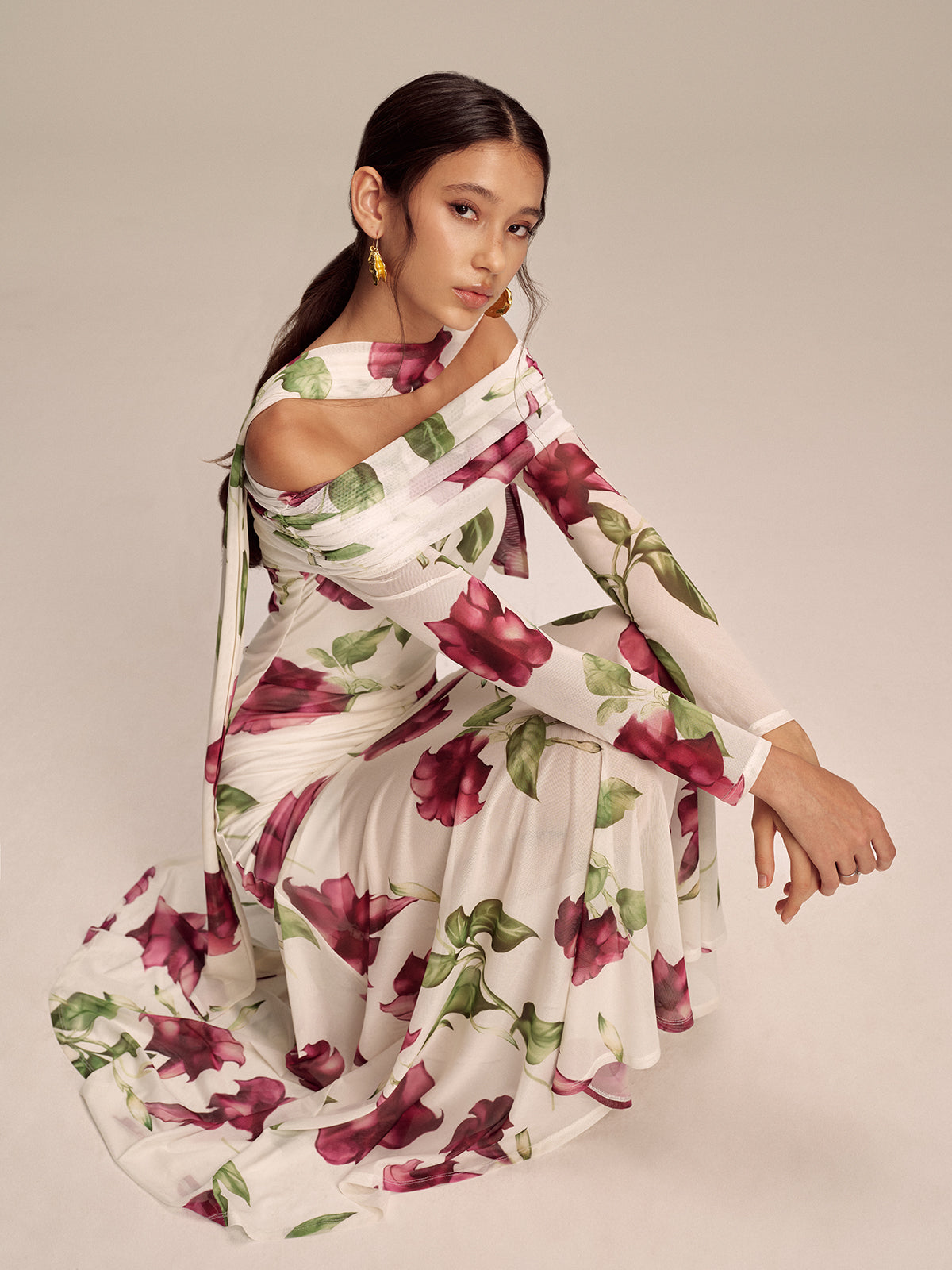 Floral Print Off-Shoulder Mesh Maxi Dress with Scarf Detail-Massicos
