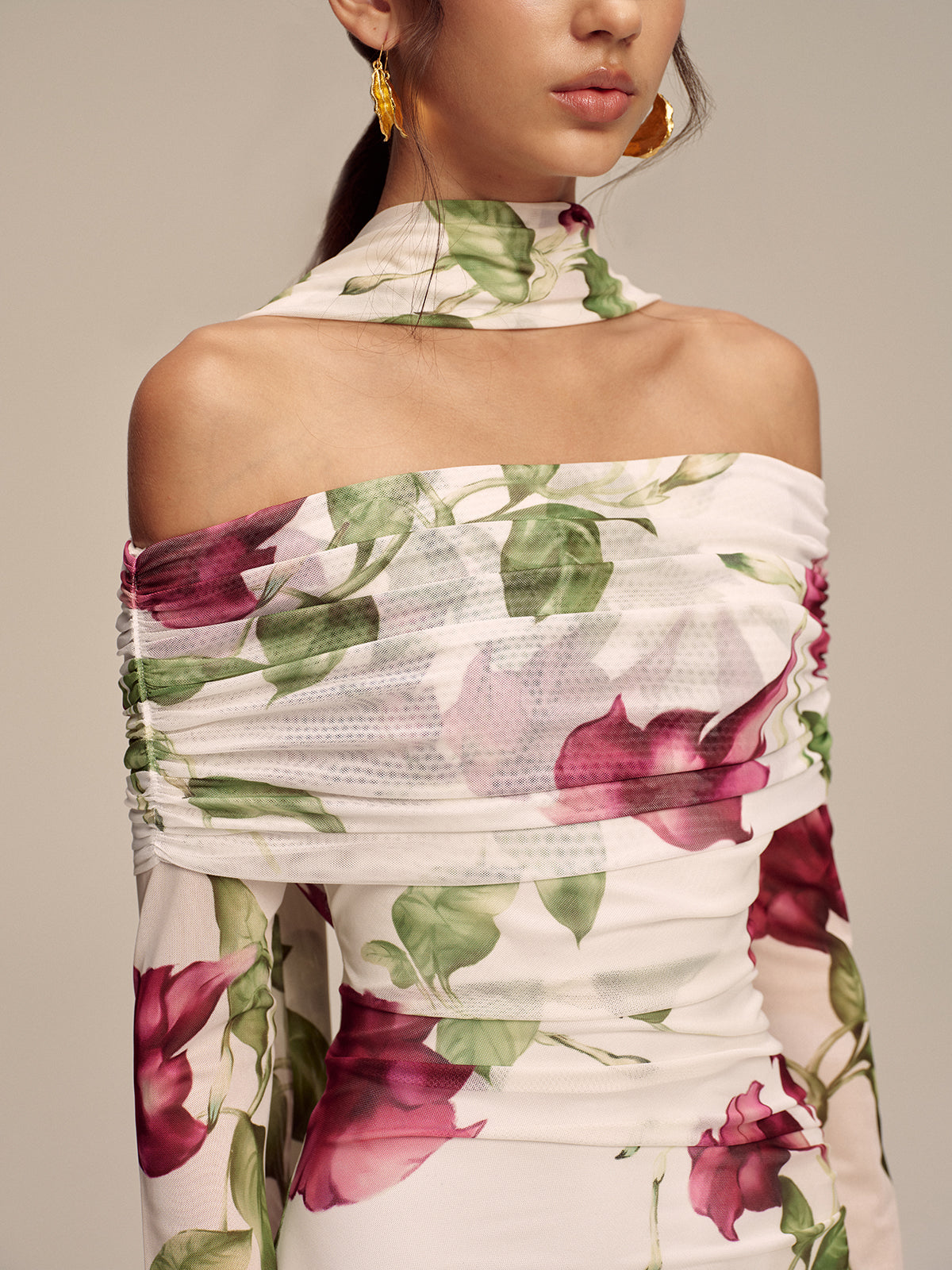 Floral Print Off-Shoulder Mesh Maxi Dress with Scarf Detail-Massicos