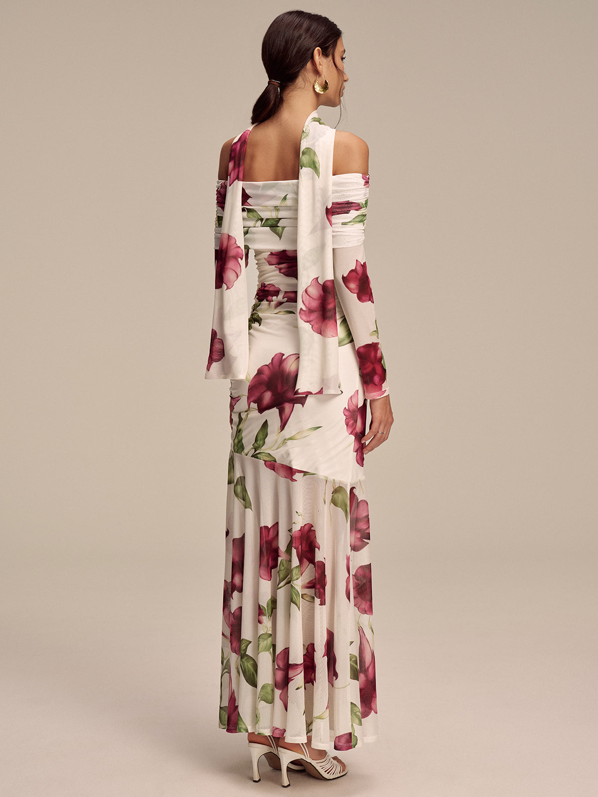 Floral Print Off-Shoulder Mesh Maxi Dress with Scarf Detail-Massicos