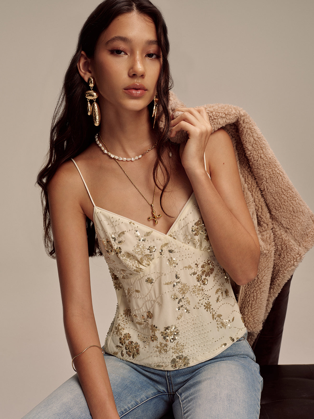 Sequin Floral Cami Top-Massicos