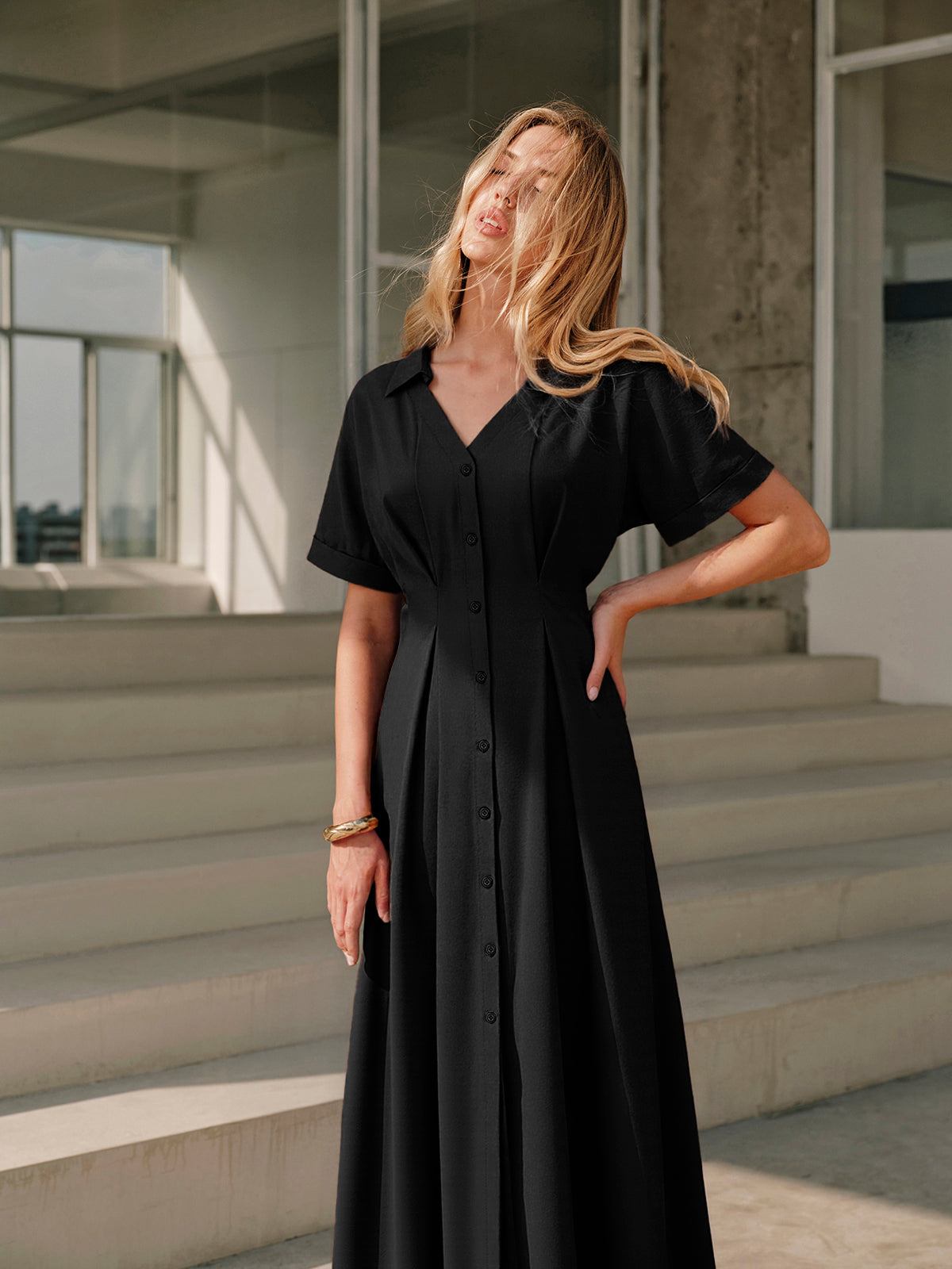 Pleated Button-Front Shirt Dress-Massicos