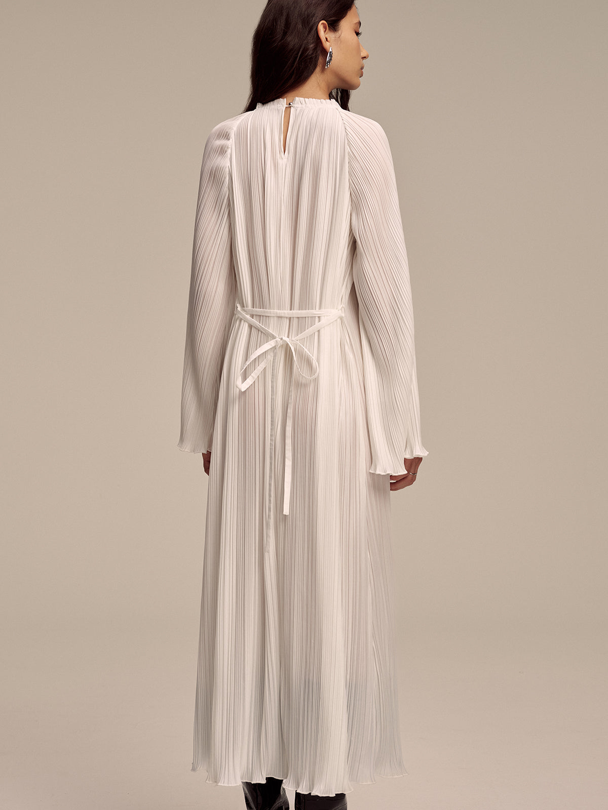 Metal Collar Pleated Long-Sleeve Maxi Dress-Massicos