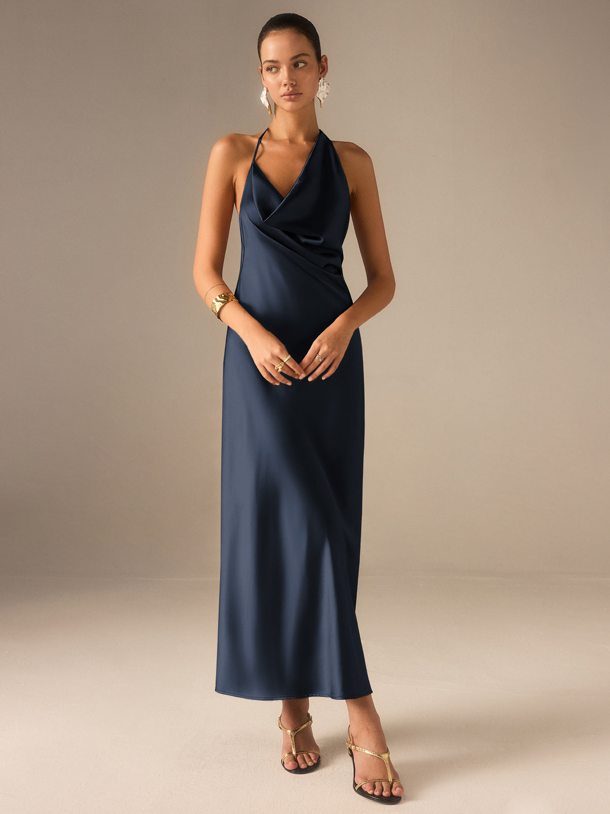 Satin Halter-Neck Backless Maxi Dress-Massicos