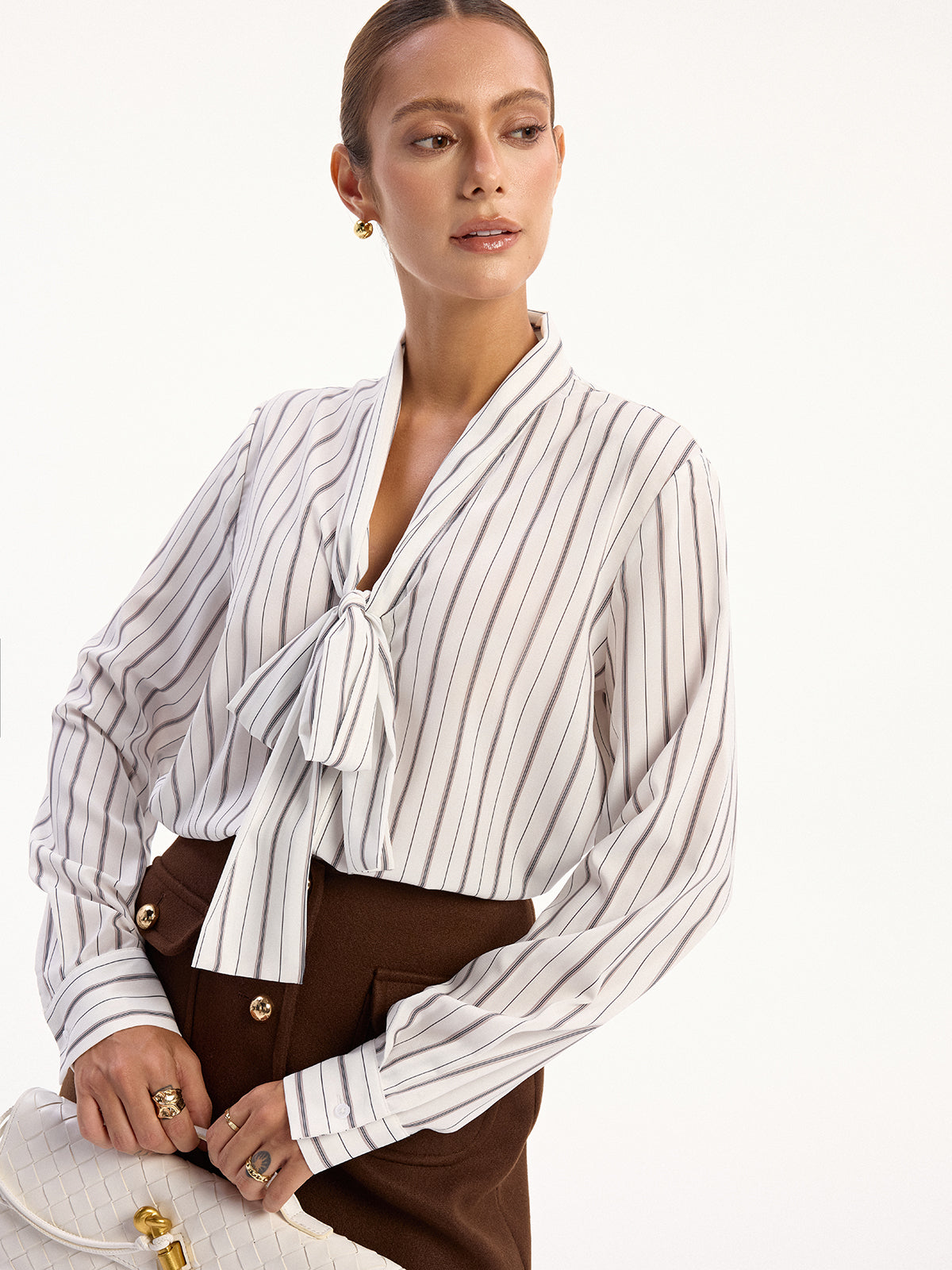 Striped Tie-Neck Long Sleeve Shirt-Massicos