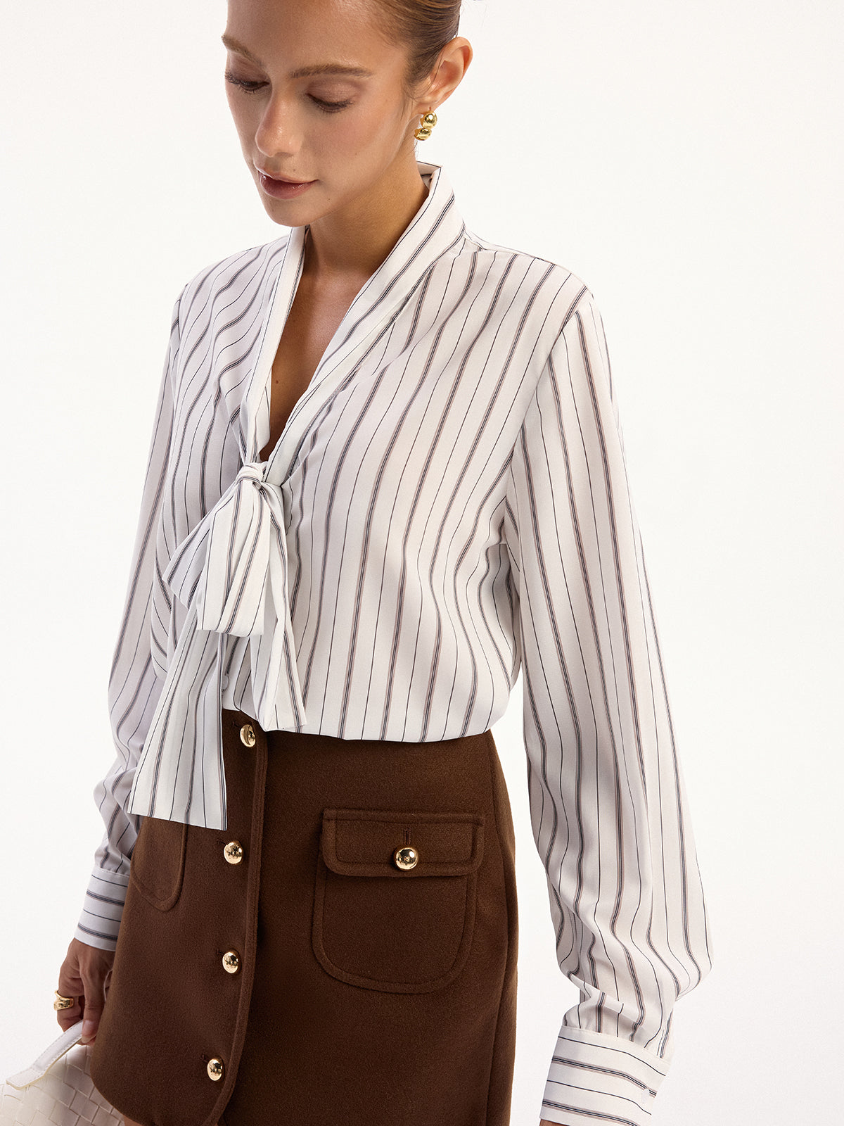 Striped Tie-Neck Long Sleeve Shirt-Massicos
