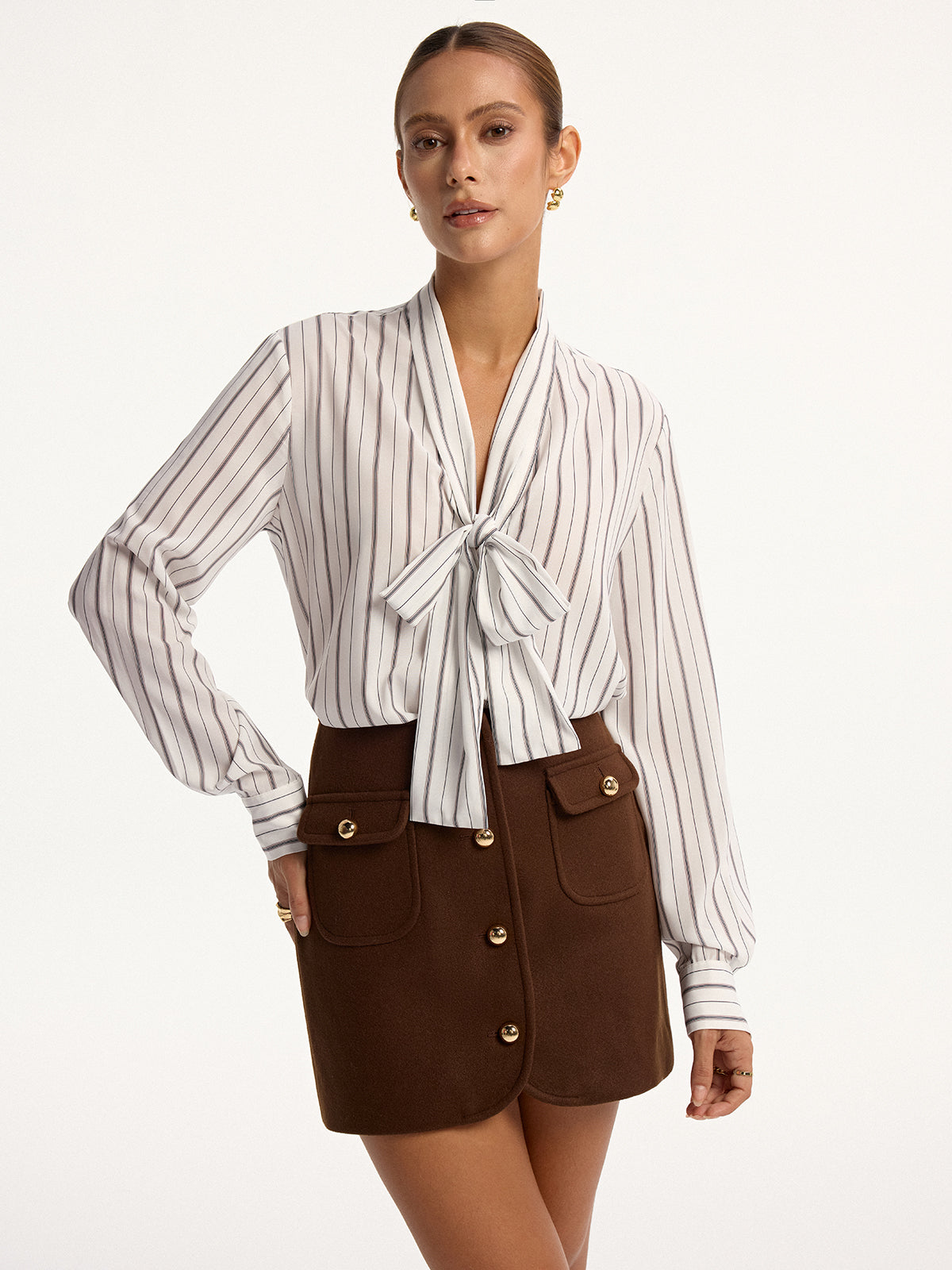 Striped Tie-Neck Long Sleeve Shirt-Massicos
