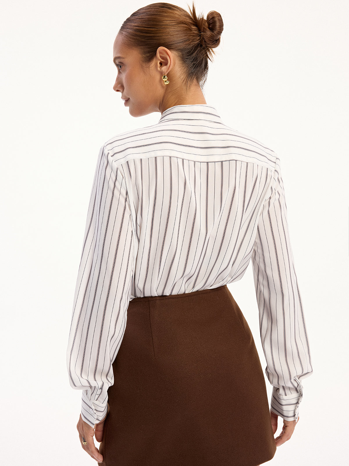Striped Tie-Neck Long Sleeve Shirt-Massicos