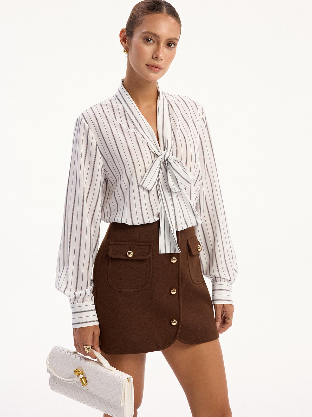 Striped Tie-Neck Long Sleeve Shirt-Massicos