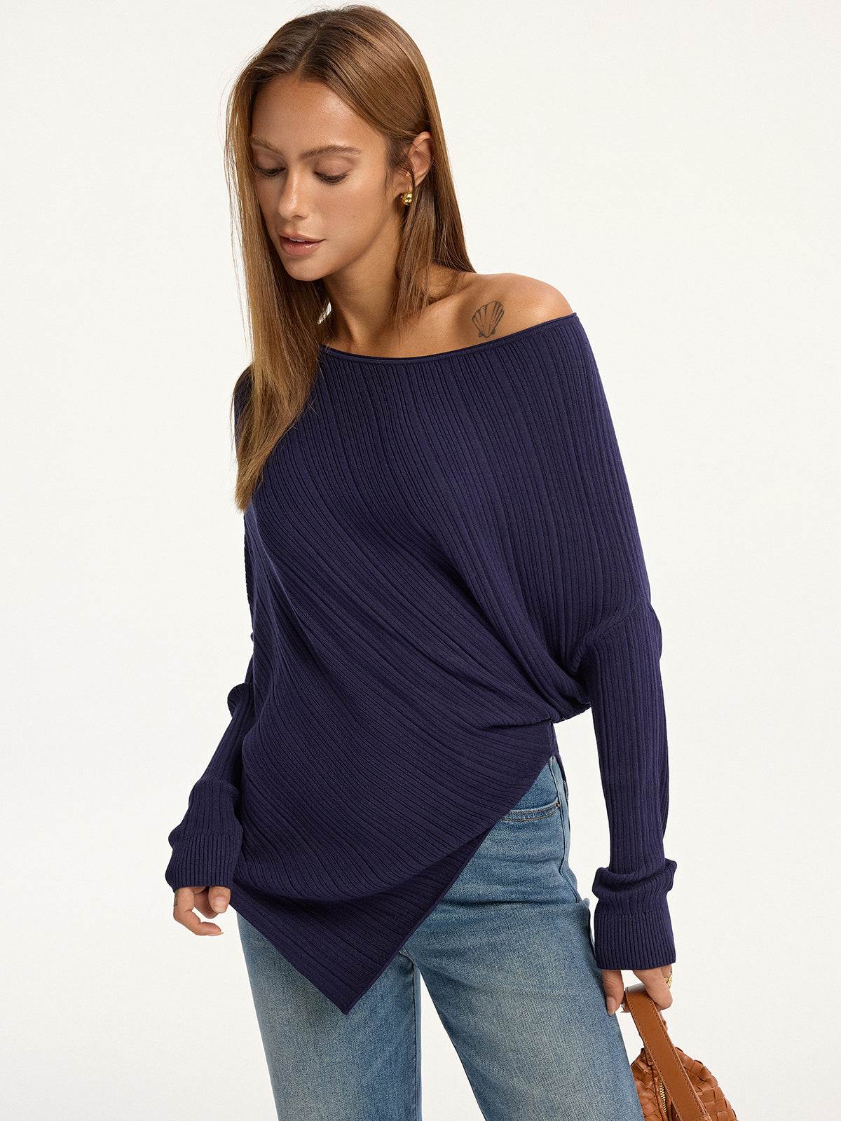 Textured Off-Shoulder Asymmetric Sweater-Massicos