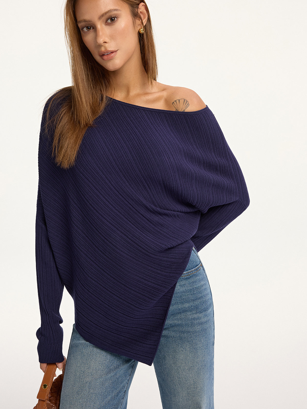 Textured Off-Shoulder Asymmetric Sweater-Massicos
