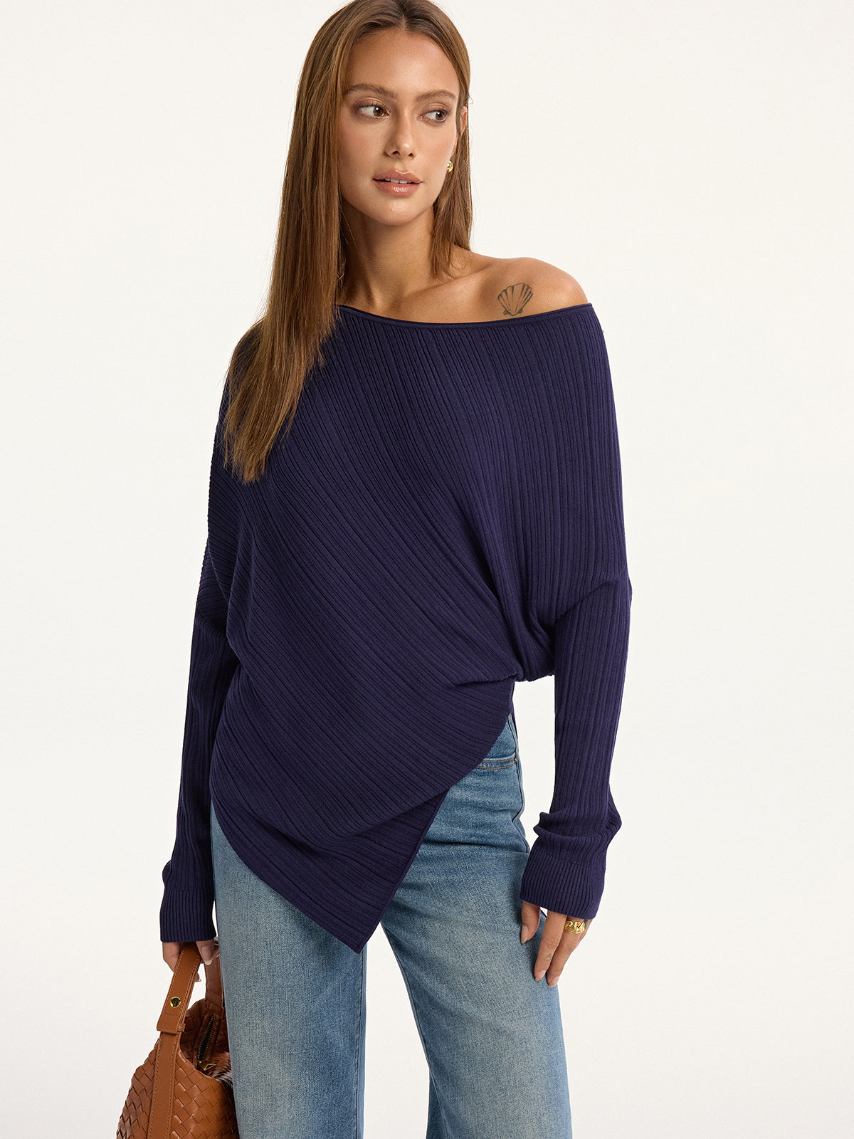 Textured Off-Shoulder Asymmetric Sweater-Massicos