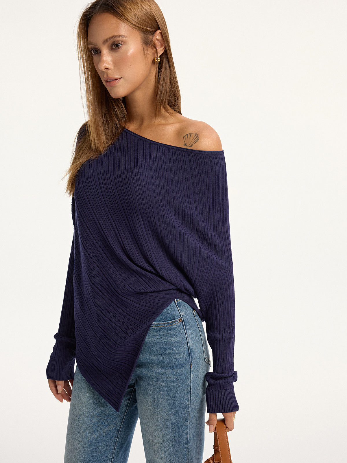 Textured Off-Shoulder Asymmetric Sweater-Massicos