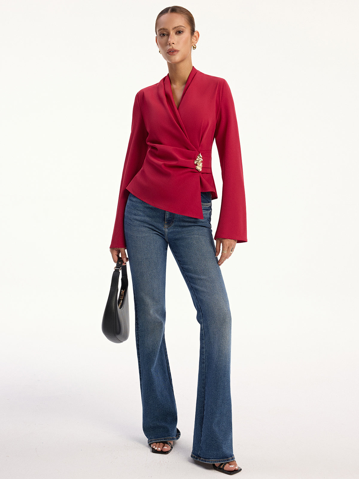 Asymmetric Metal Detail V-Neck Blouse-Massicos