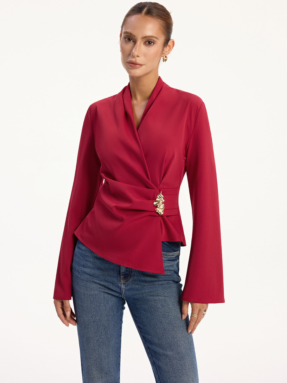 Asymmetric Metal Detail V-Neck Blouse-Massicos