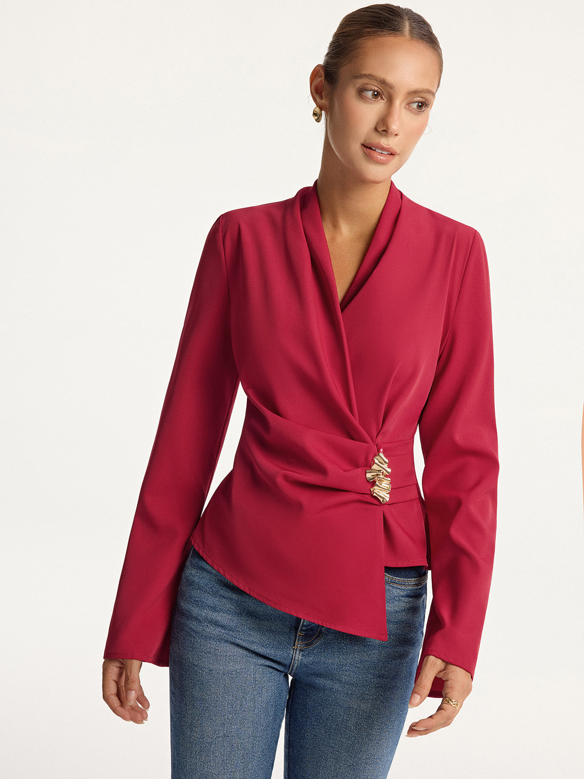 Asymmetric Metal Detail V-Neck Blouse-Massicos