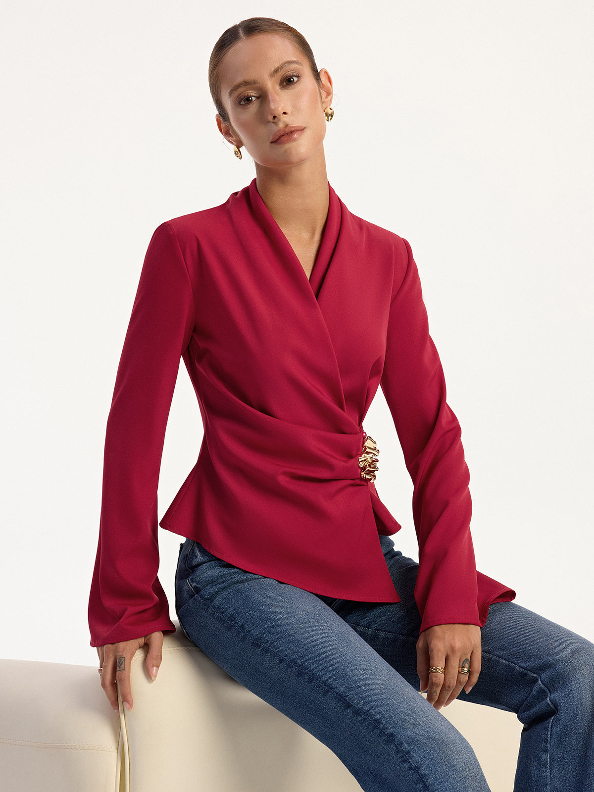 Asymmetric Metal Detail V-Neck Blouse-Massicos