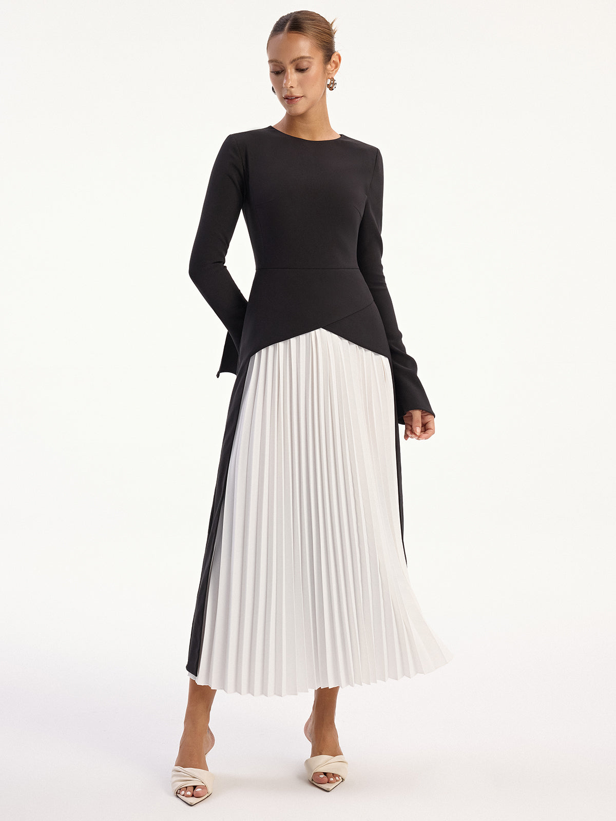 Two-Tone Long Sleeve Pleated Midi Dress-Massicos