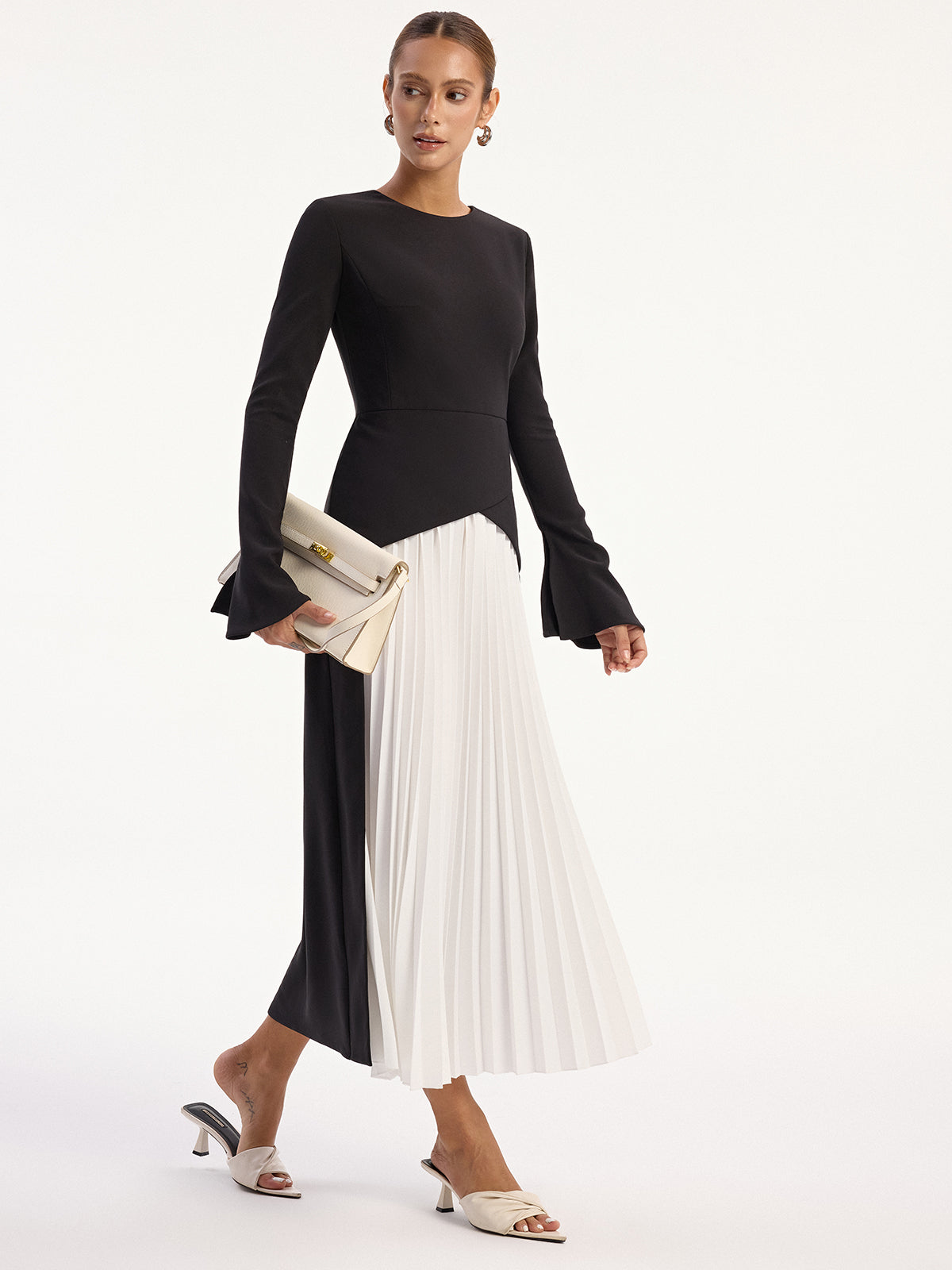 Two-Tone Long Sleeve Pleated Midi Dress-Massicos