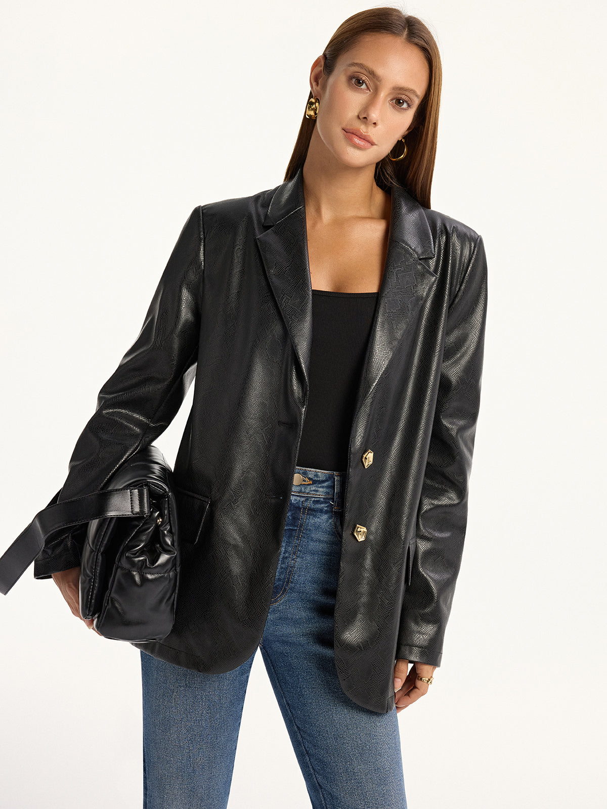 Snake Print Metal Button PU Leather Blazer-Massicos