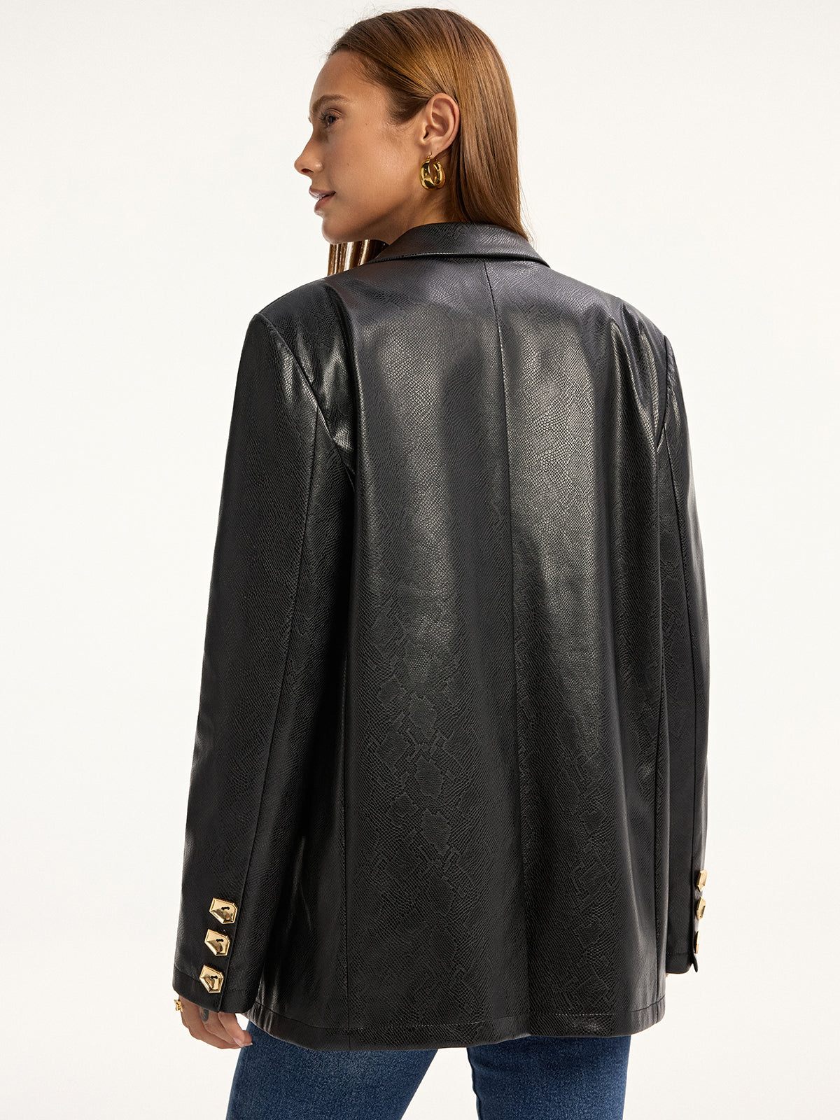 Snake Print Metal Button PU Leather Blazer-Massicos