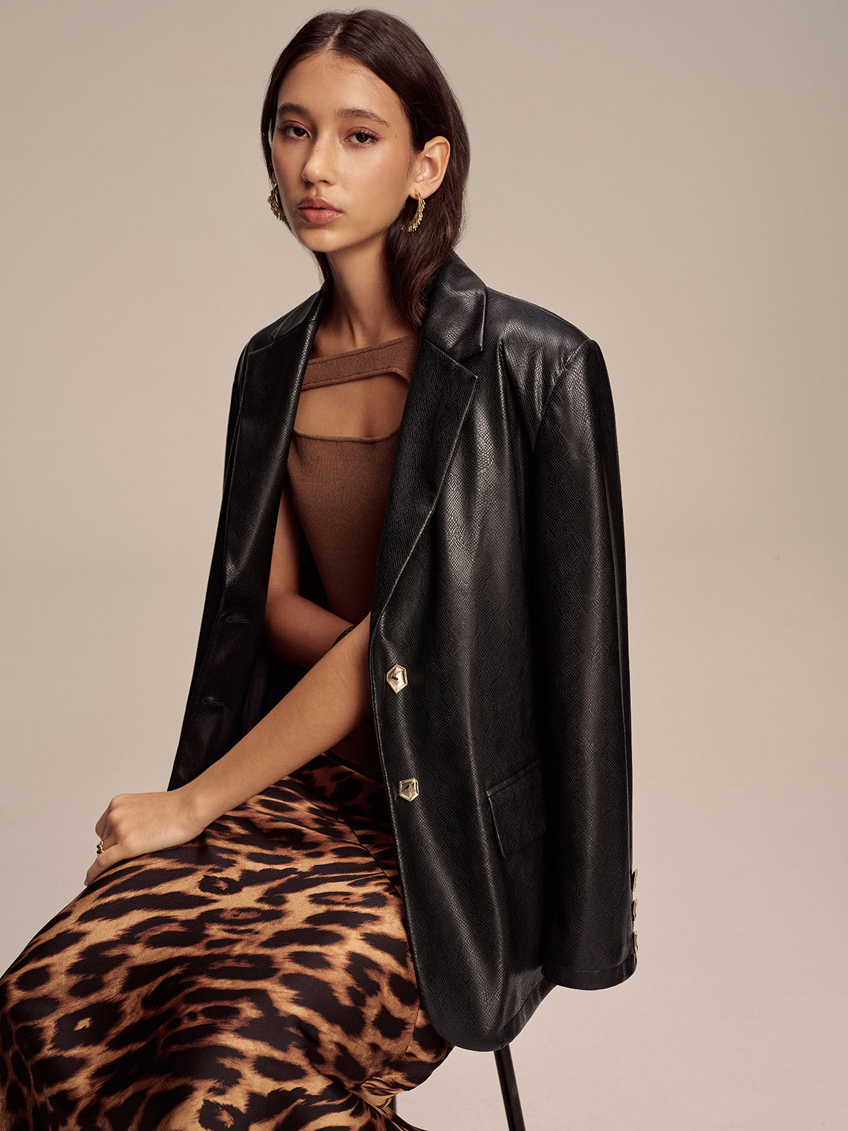Snake Print Metal Button PU Leather Blazer-Massicos