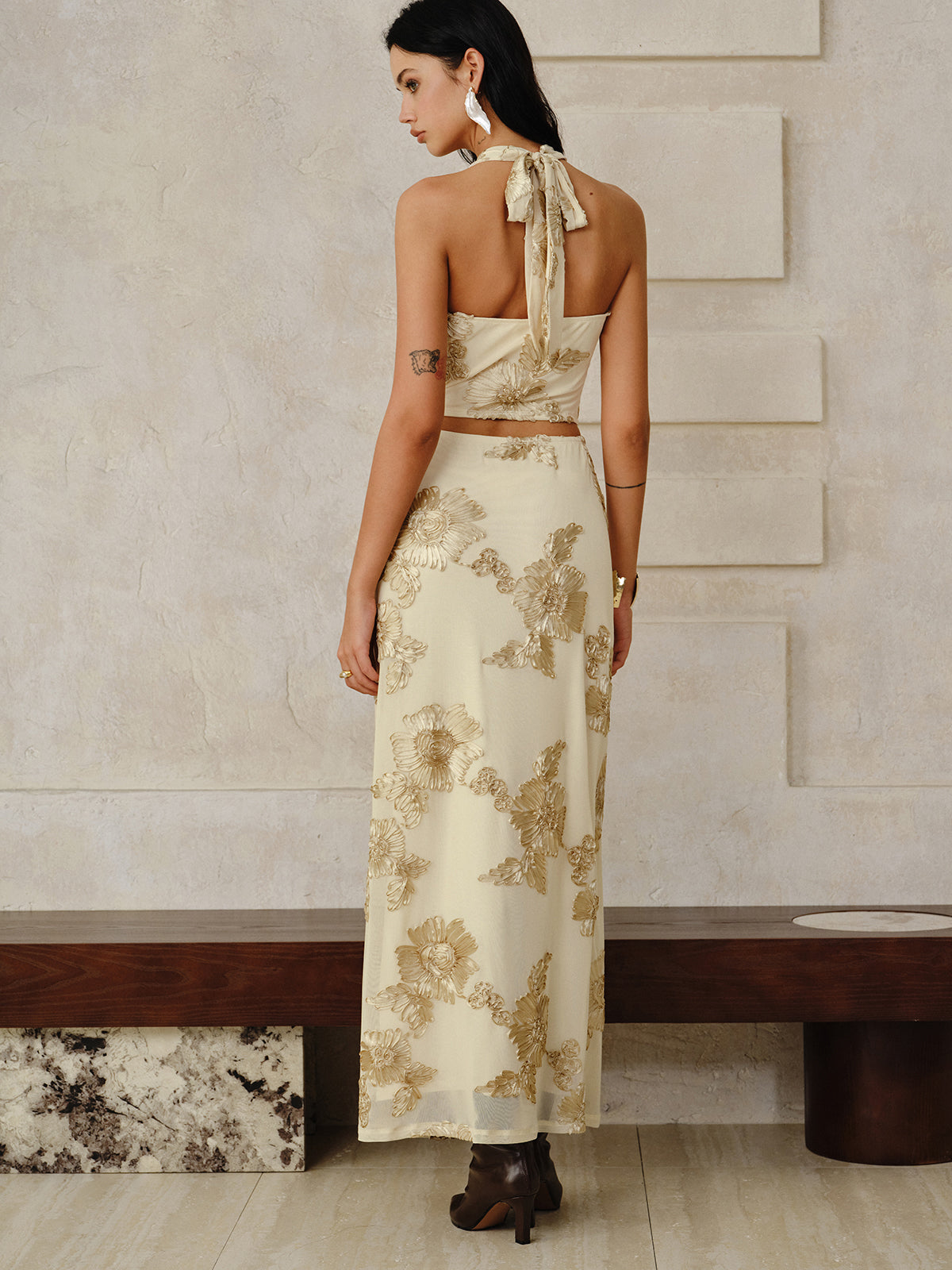 Floral Embroidered Halter Top and Skirt Set-Massicos