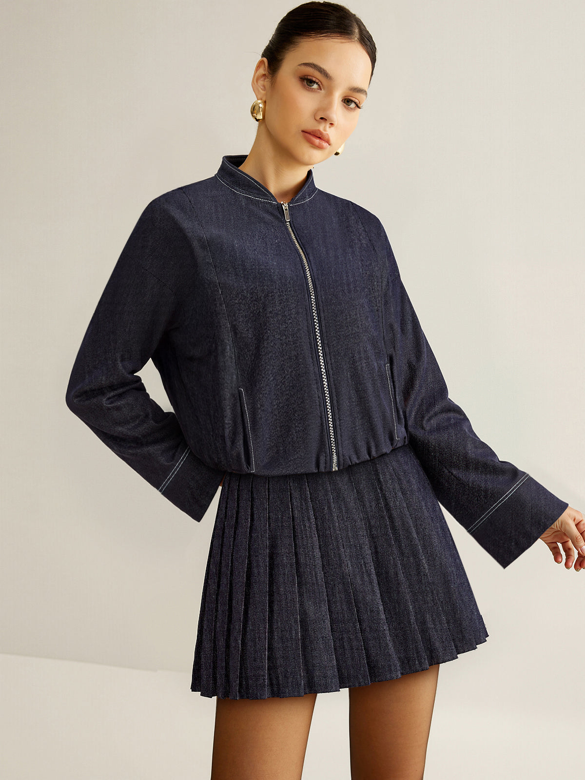 Zip Front Jacket and Pleated Mini Skirt Set-Massicos