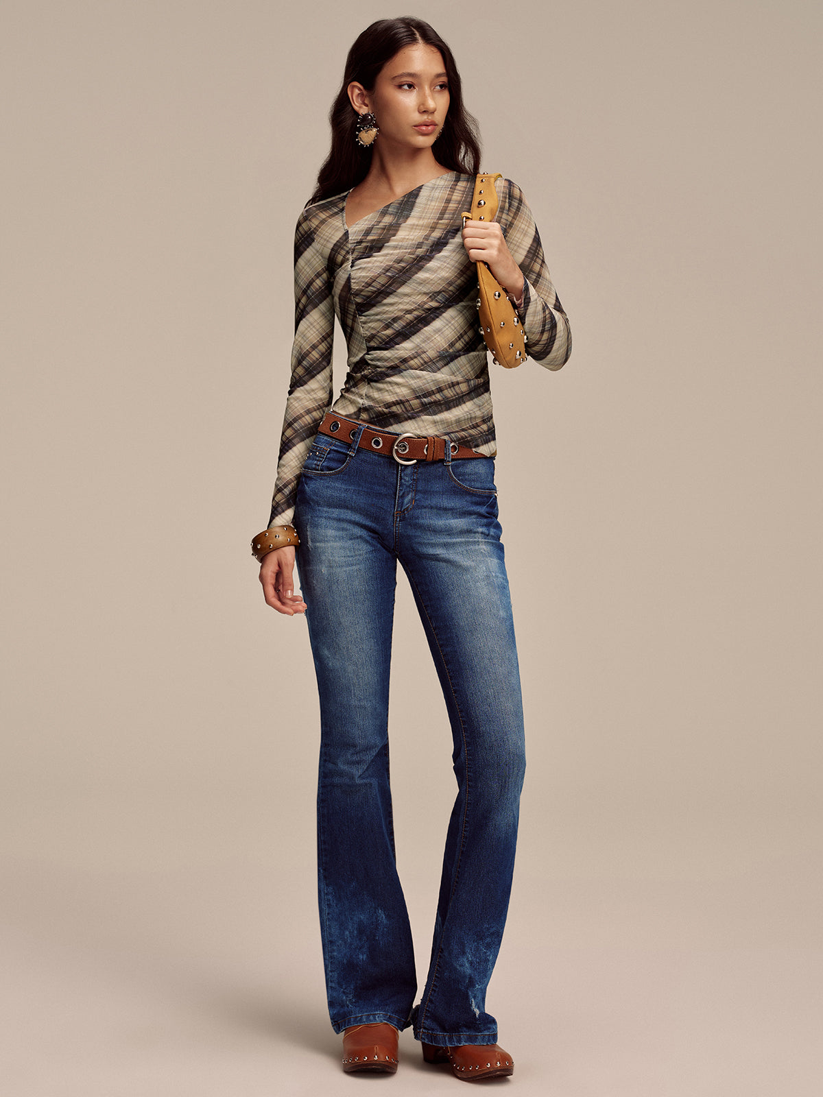 Semi-Sheer Mesh Asymmetric Ruched Blouse-Massicos