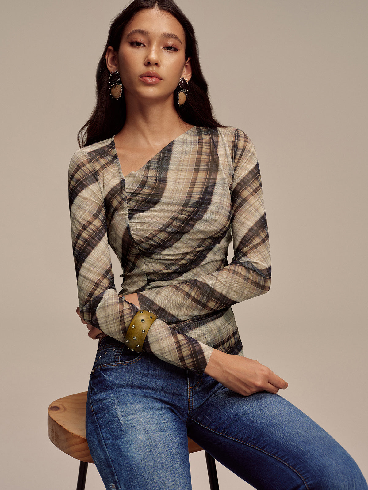 Semi-Sheer Mesh Asymmetric Ruched Blouse-Massicos