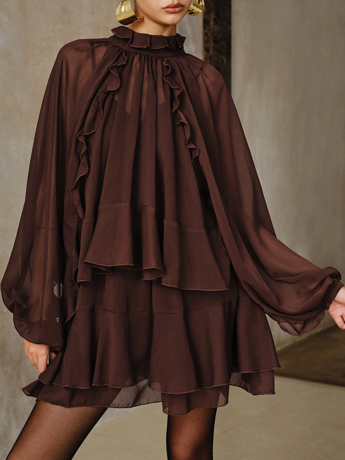 Tiered Ruffle Chiffon Mini Dress Set with Liner-Massicos