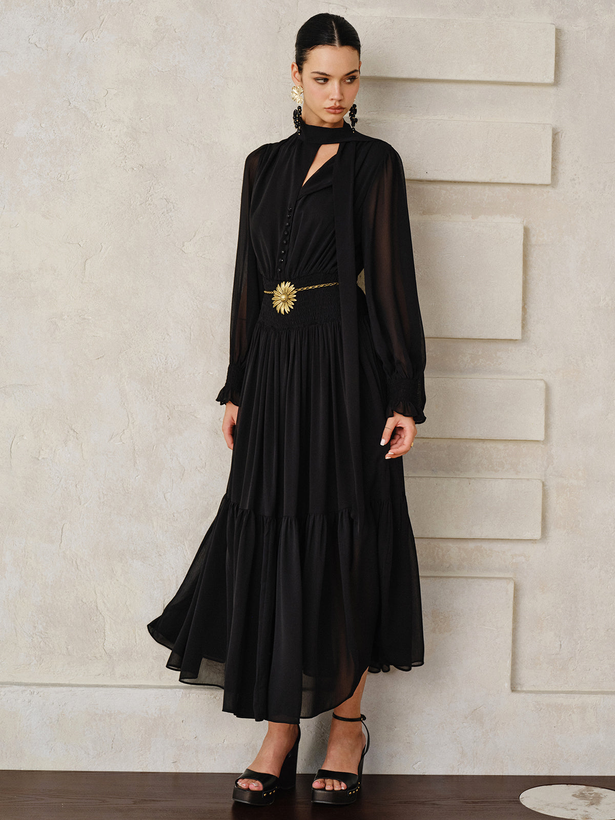 Chiffon Maxi Dresse with Scarf-Massicos