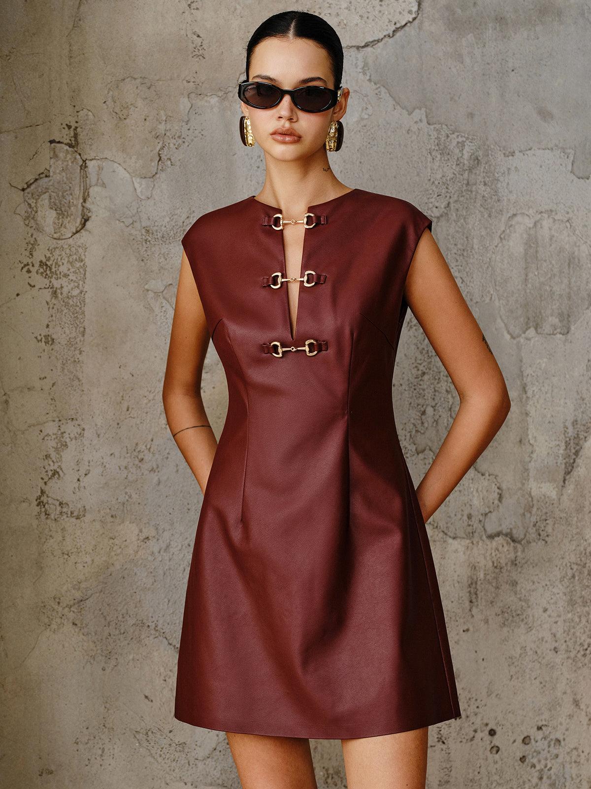 PU Leather Metal Buckle Sleeveless Mini Dress-Massicos