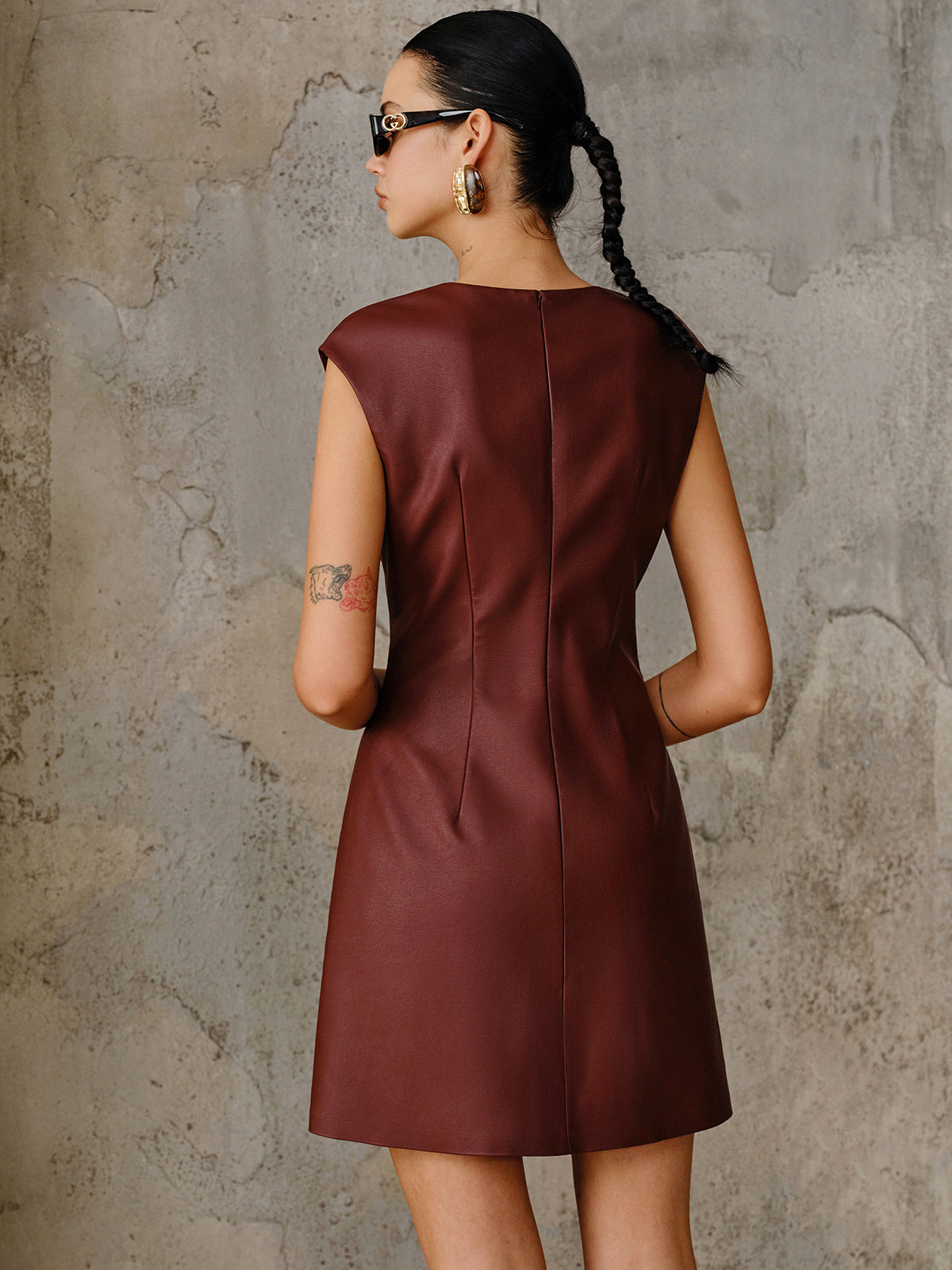 PU Leather Metal Buckle Sleeveless Mini Dress-Massicos