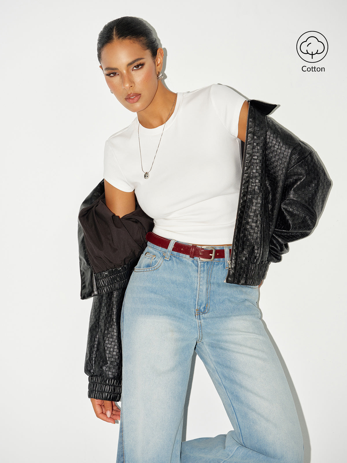 Ribbed Crew Neck Short Sleeve Cotton-Blend Top-Massicos