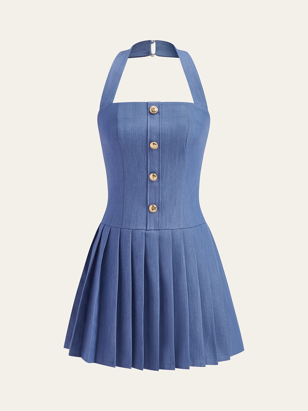 Metal Button Halter Neck Pleated Dress-Massicos