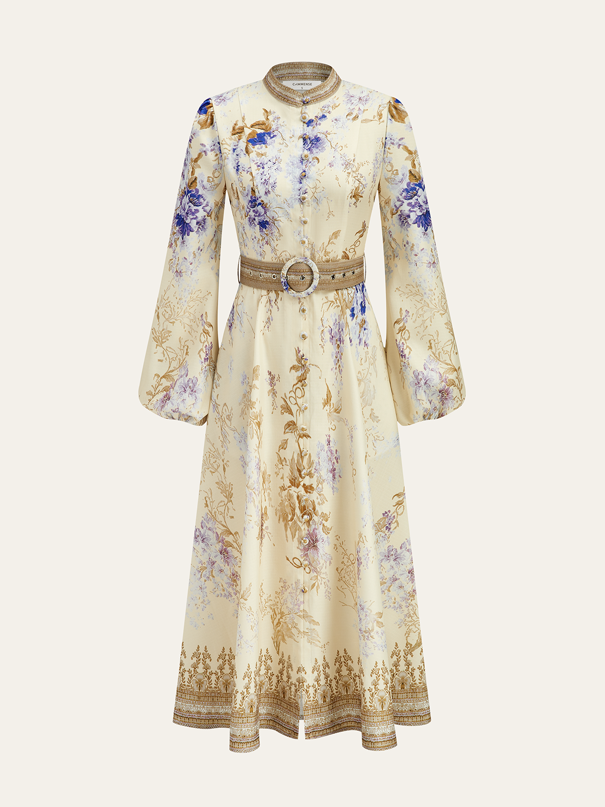 Belted Balloon Sleeve Floral Dress-Massicos