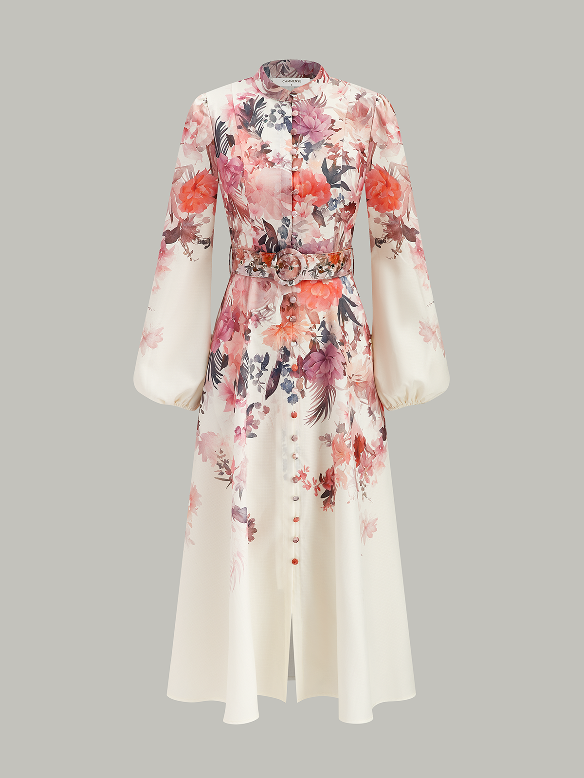 Belted Balloon Sleeve Floral Dress-Massicos