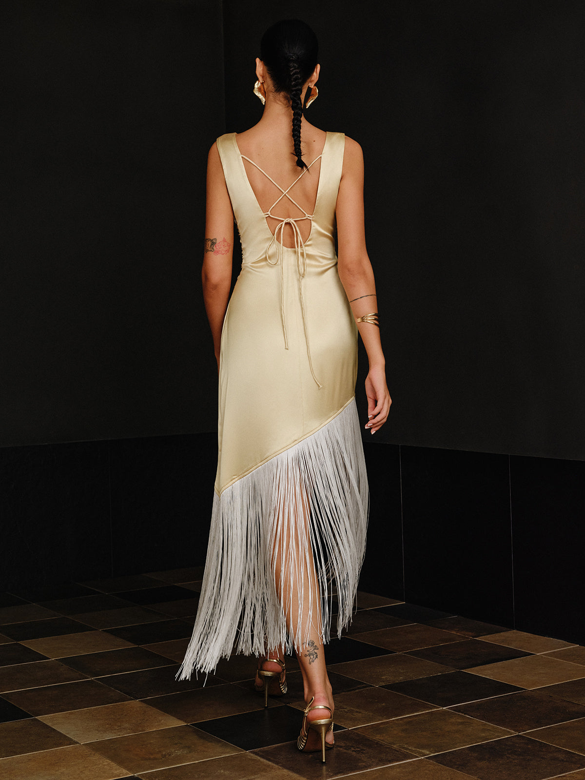Satin Asymmetric Fringe Hem Maxi Dress-Massicos