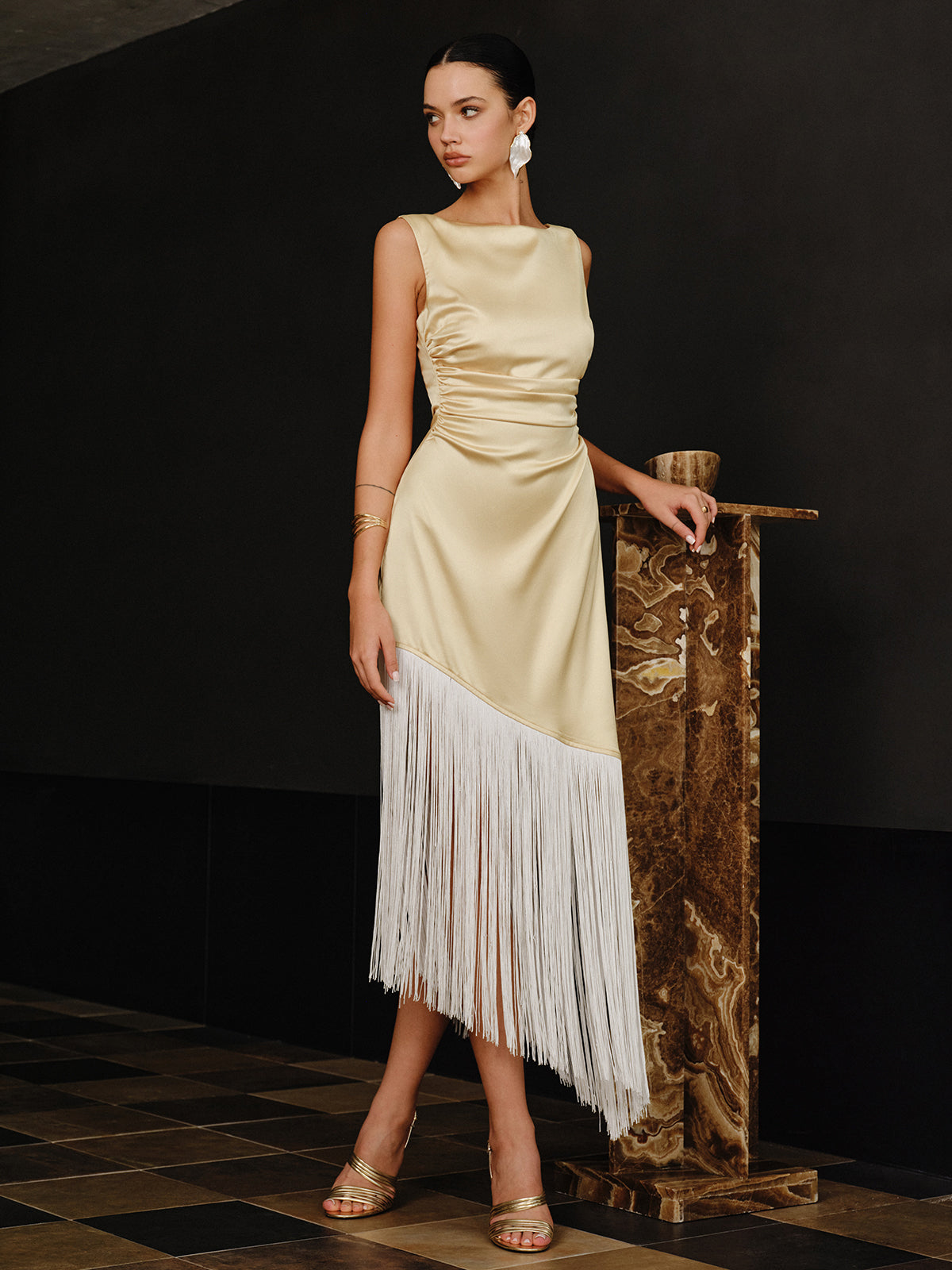 Satin Asymmetric Fringe Hem Maxi Dress-Massicos
