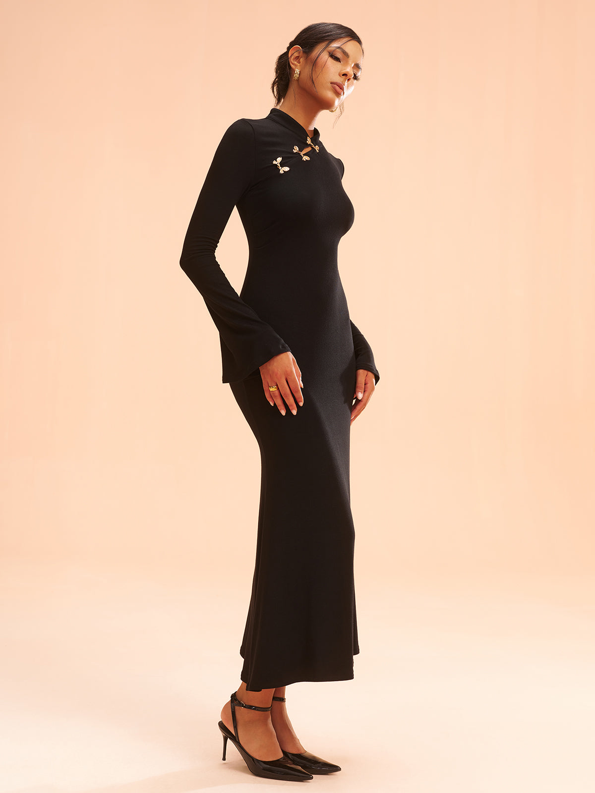 Metal Bow Detail Stand Collar Maxi Dress-Massicos