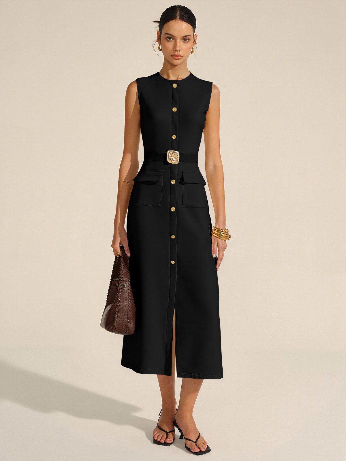 Button-Front Belted Maxi Dress-Massicos