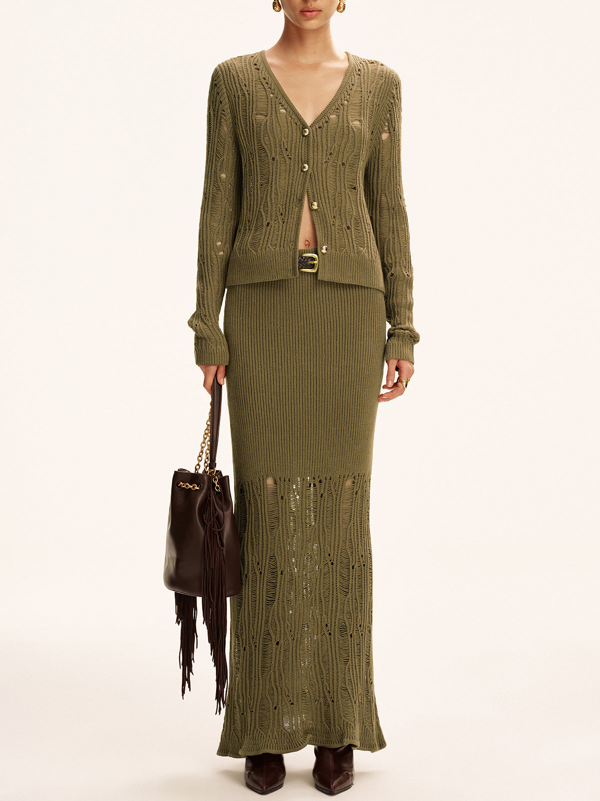 Metal Button Openwork Knit Skirt Set-Massicos