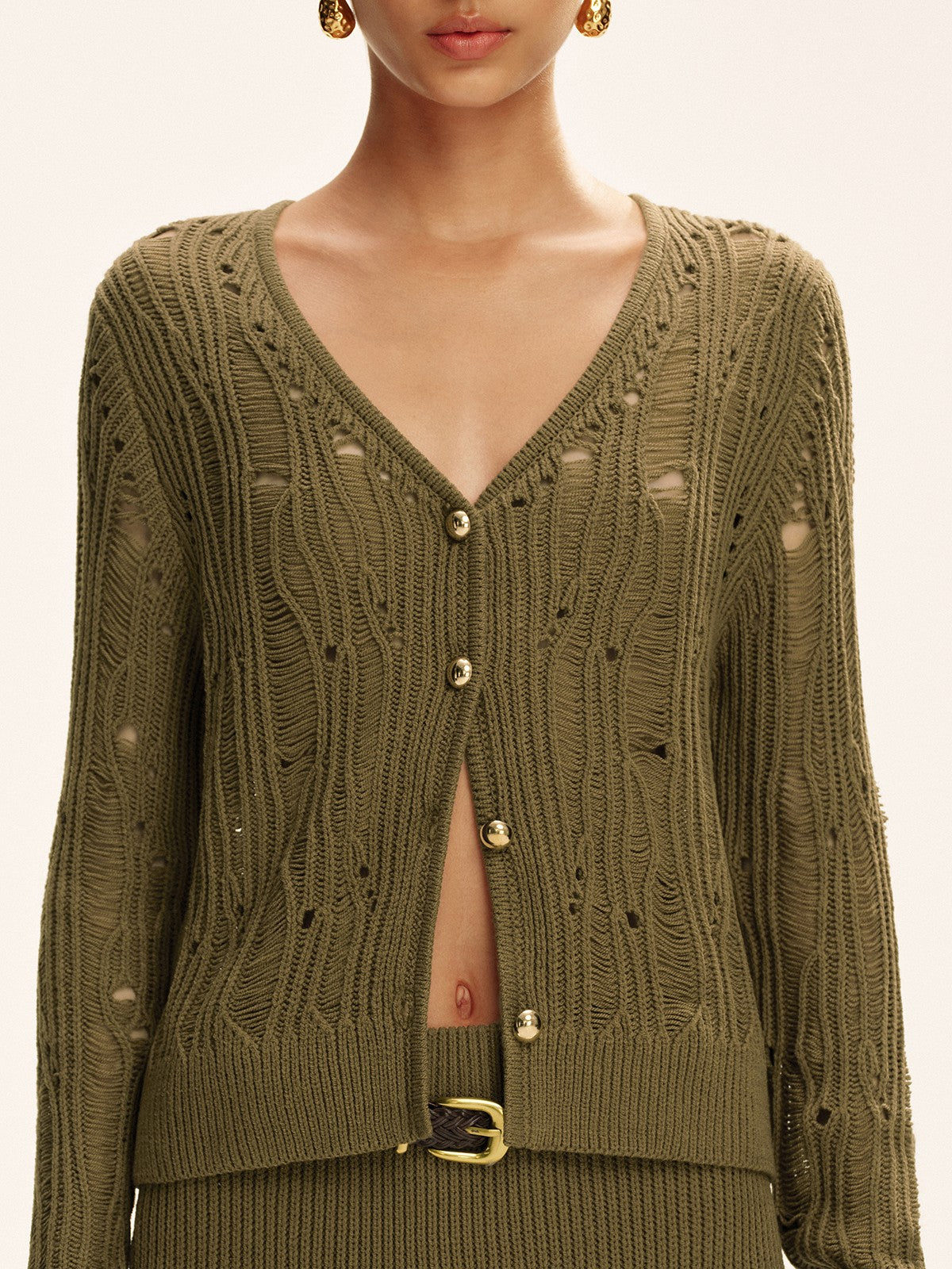 Metal Button Openwork Knit Skirt Set-Massicos