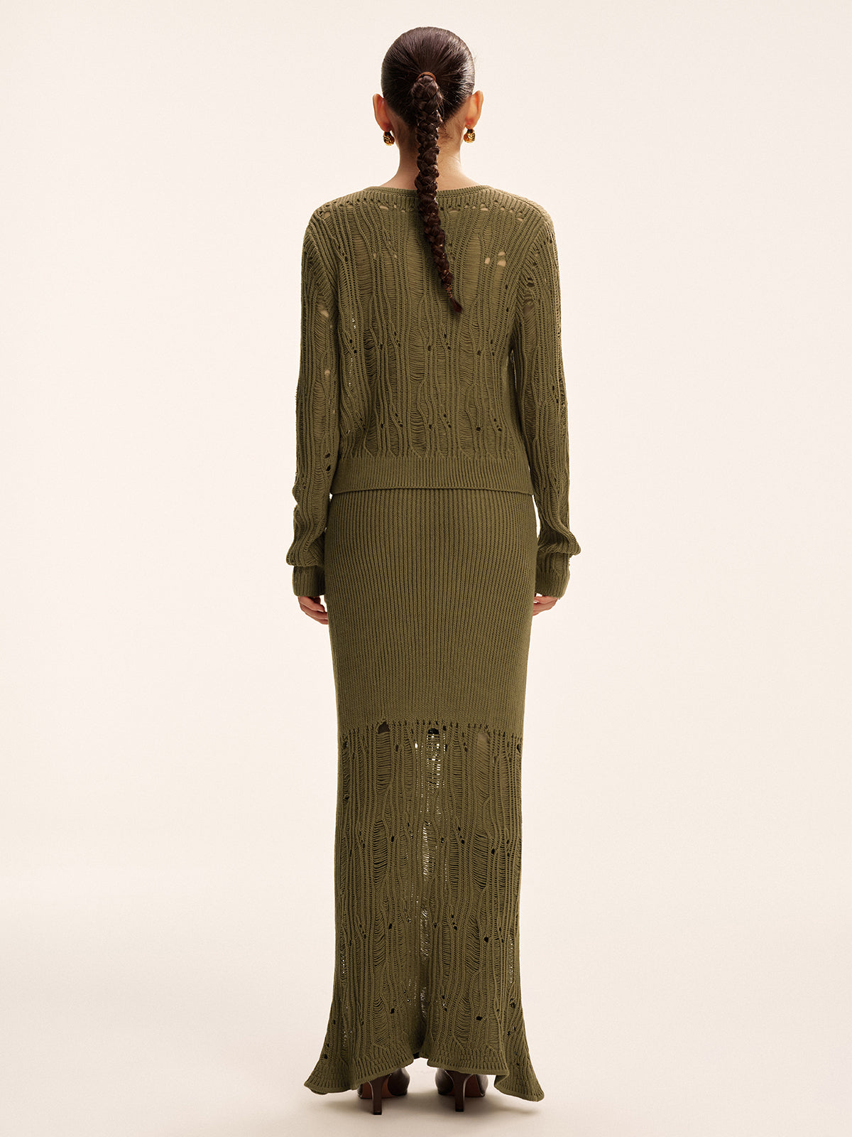 Metal Button Openwork Knit Skirt Set-Massicos