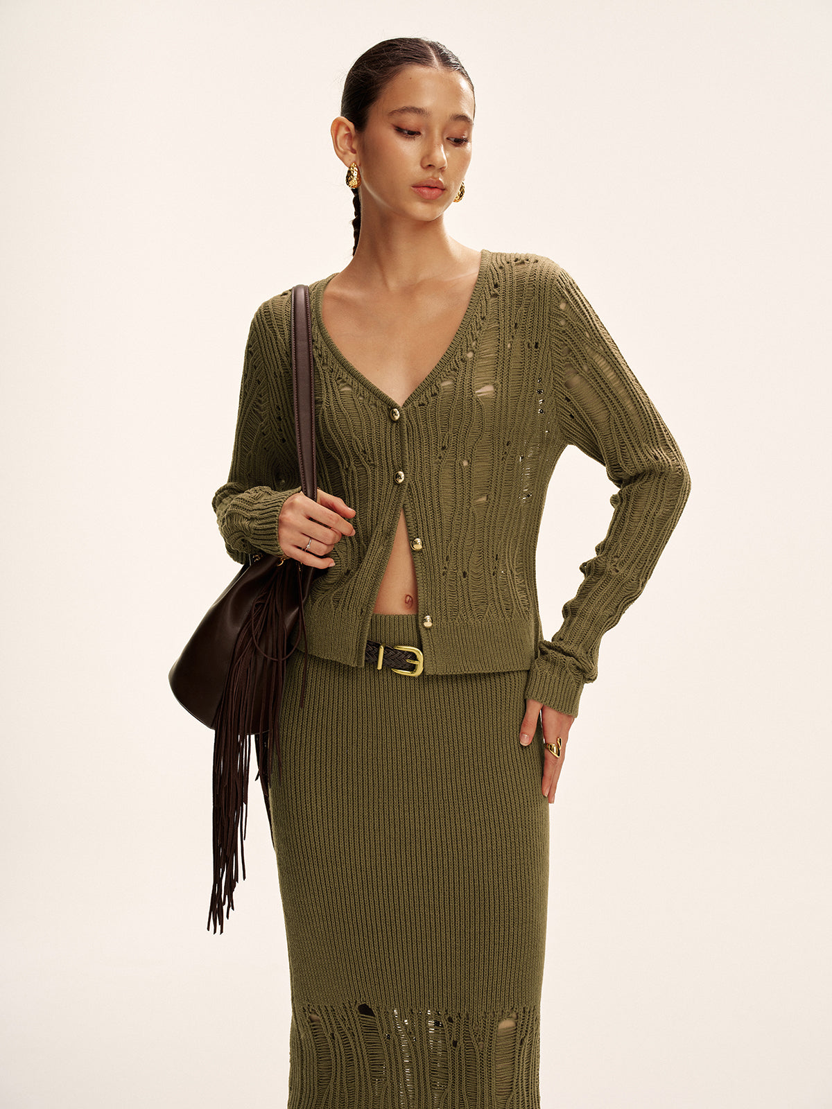Metal Button Openwork Knit Skirt Set-Massicos